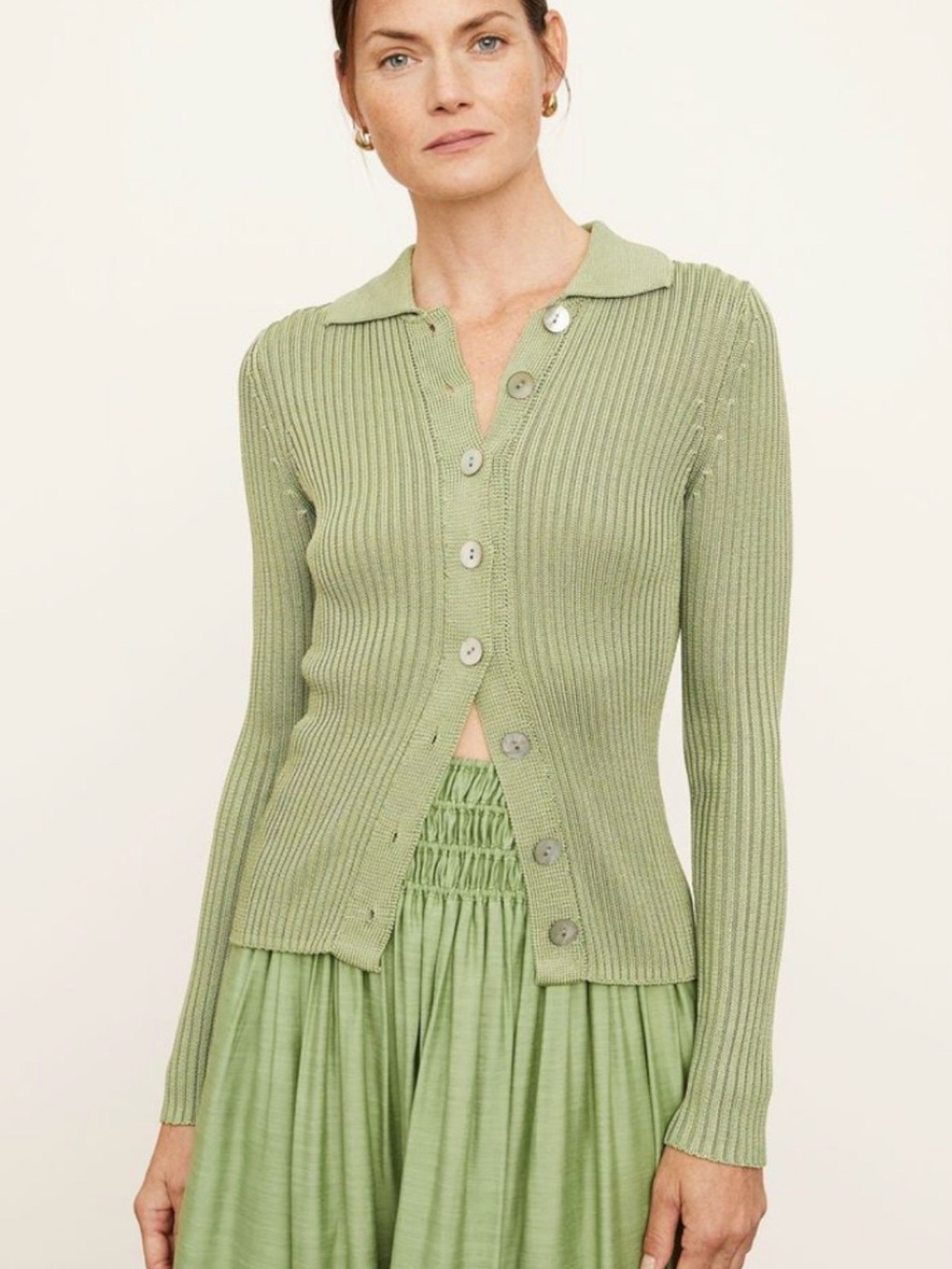 Vince Green Collared Rib Knit Button Cardigan Size L
